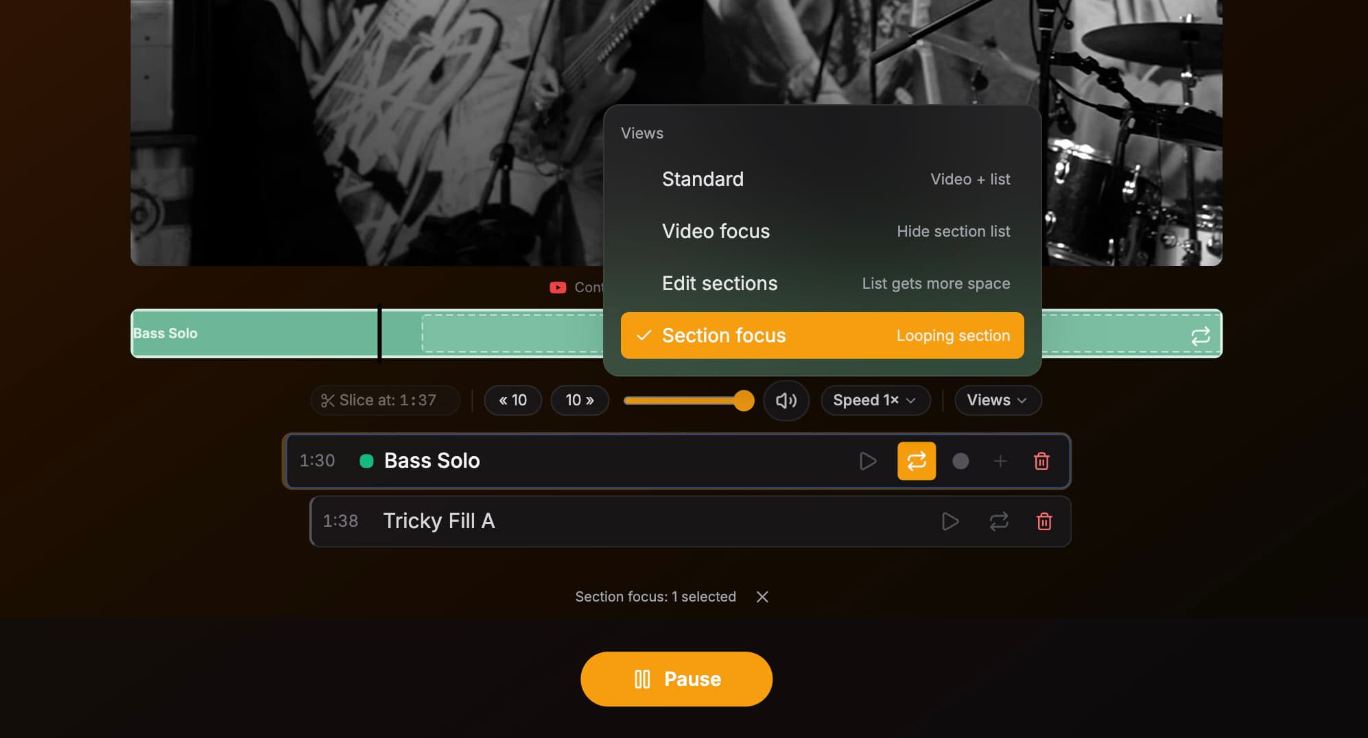 BassBench Section Focus: timeline and sections list while looping a section