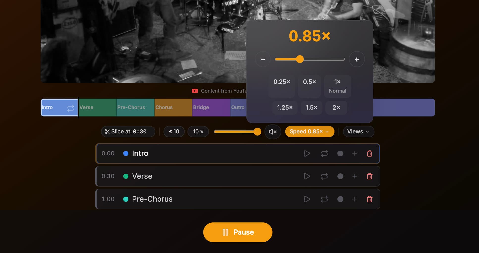 BassBench transport: 10 second skip, volume slider, and speed popover with slider and 0.05× plus and minus